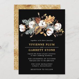 Invitation Blanc Coton Floral Or Automne Feuilles Mariage
