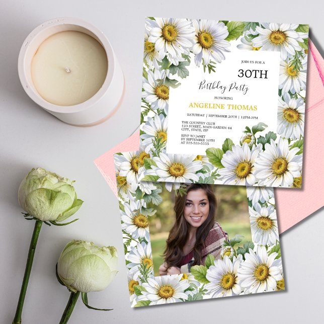 Invitation Blanc Daisy Floral Green Photo Anniversaire (Créateur téléchargé)