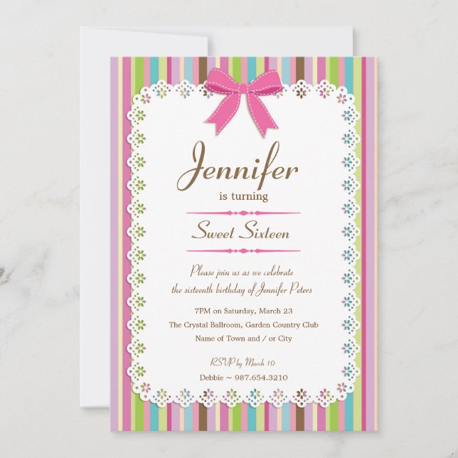Invitation Blanc dentelle rose bonbon bonbon Stripes Sweet 16 (Devant)
