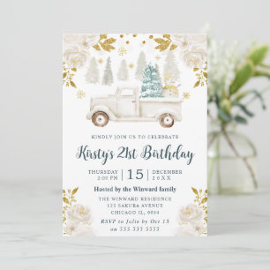 Invitation Blanc d'Hiver et Camion Floral Anniversaire en Or