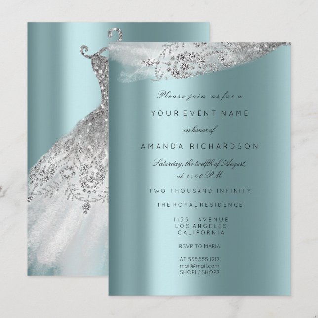 Invitation Blanc Doux 16e robe nuptiale Gris Aqua Diamond (Devant / Derrière)