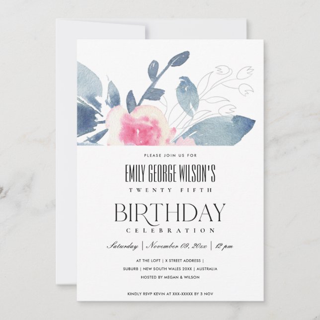 Invitation BLANC DOUX BLEU BLEU FLORAL 25e TOUT ÂGE ANNIVERSA (Devant)