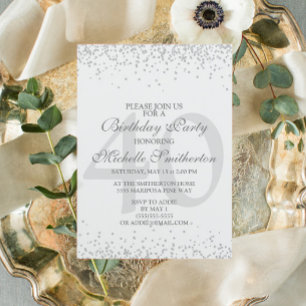 Invitation Blanc Élégant Paillettes Gris Argent 40e Anniversa