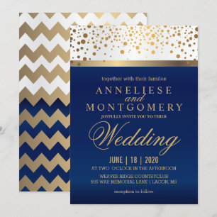 Invitation Blanc et bleu marine avec des points d'or -