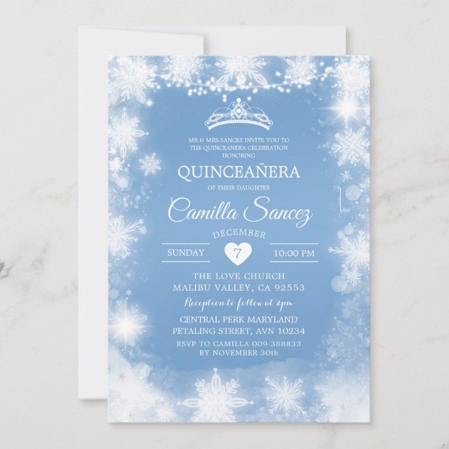 Invitation Blanc et bleu Noël Sweet 16e anniversaire Invitati (Devant)