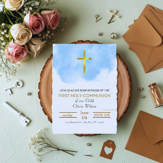 Invitation Blanc et Bleu Simple Élégante Sainte Communion