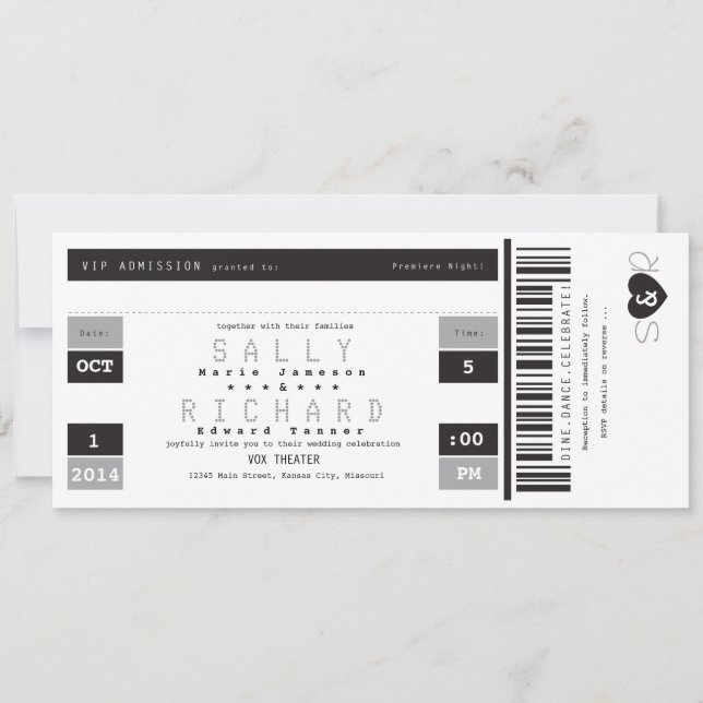 Invitation Blanc et gris de noir d'invitation de billet de (Devant)