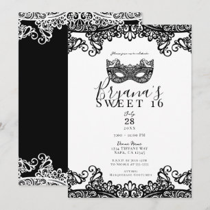 Invitation Blanc et noir Soirée masquée pour un Sweet 16