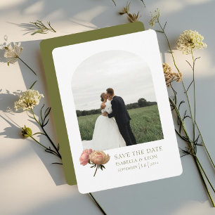 Invitation Blanc et olive Rose moderne Enregistrer la date