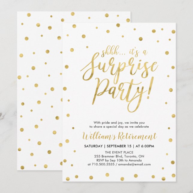 Invitation Blanc et Or | Parti de retraite surprise moderne (Devant / Derrière)