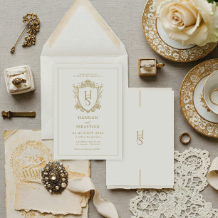 Invitation Blanc et Or Vieille Fortune Blason Vintage Mariage