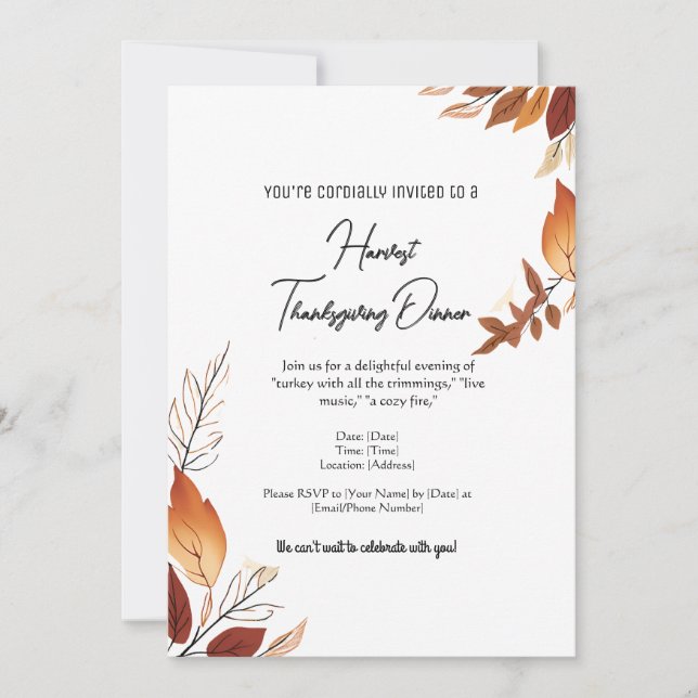 Invitation Blanc et Orange Simple Feuilles d'automne Thanksgi (Devant)