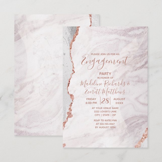 Invitation Blanc et Rose Gold Agate Marble (Devant / Derrière)