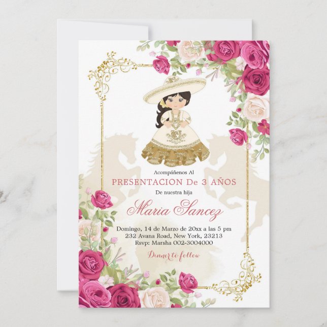 Invitation Blanc et Rose Gold Mexicaine fille Floral 3 Anos (Devant)