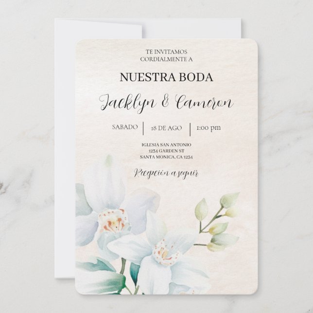 Invitation Blanc et vert Floral Espagnol Mariage beige (Devant)