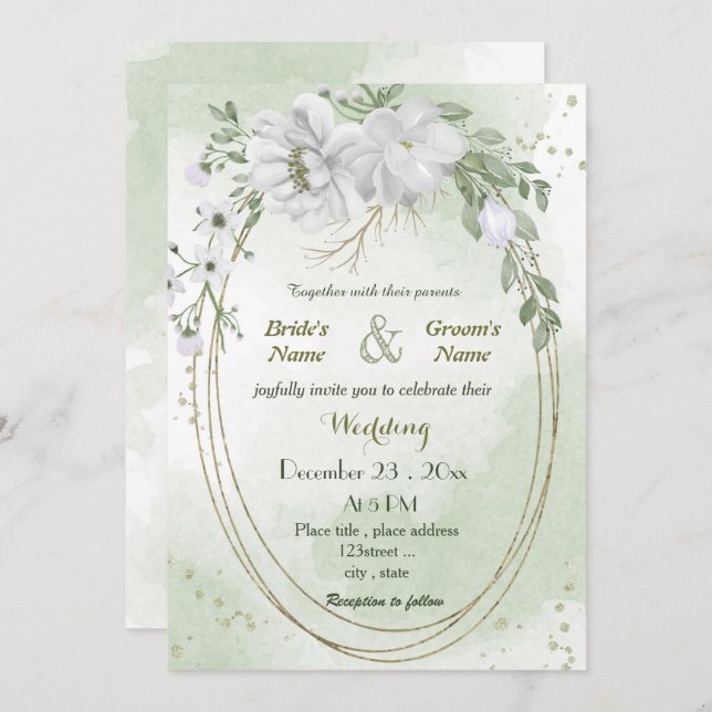 Invitation blanc fleurs vert feuille ovale cadre mariage (Devant / Derrière)