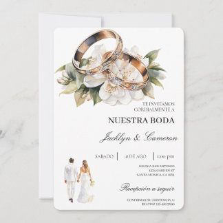 Invitation Blanc Floral avec alliance Mariage Espagnol
