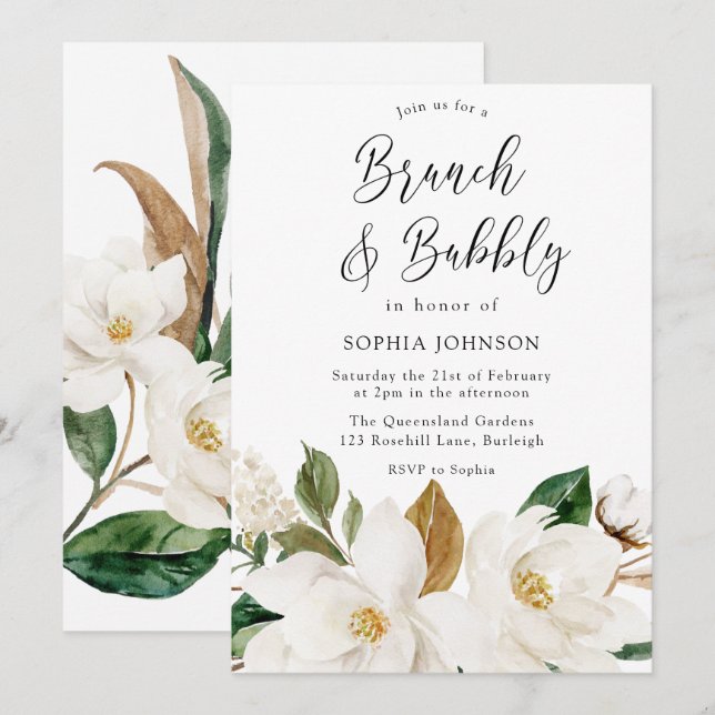 Invitation Blanc Floral Elégant Brunch & Fête des mariées Bub (Devant / Derrière)