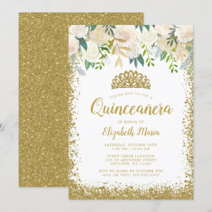 Invitation Blanc Floral Faux Gold Parties scintillant Tiara Q