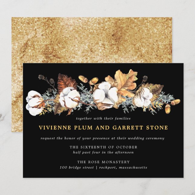 Invitation Blanc Floral Gold Automne Feuilles Mariage (Devant / Derrière)