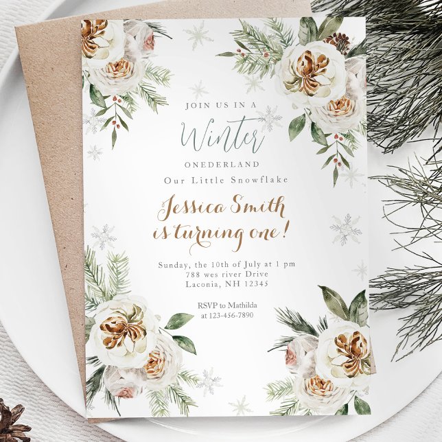 Invitation Blanc Floral Hiver Onederland Anniversaire (Créateur téléchargé)