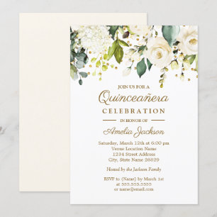 Invitation Blanc Floral Or Confettis Quinceanera 15e
