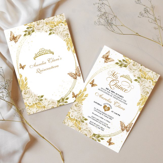 Invitation Blanc Floral Or Tiara Butterfly Mis Quinceañera (Créateur téléchargé)