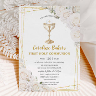 Invitation Blanc Floral Première Sainte Communion Chalice Or