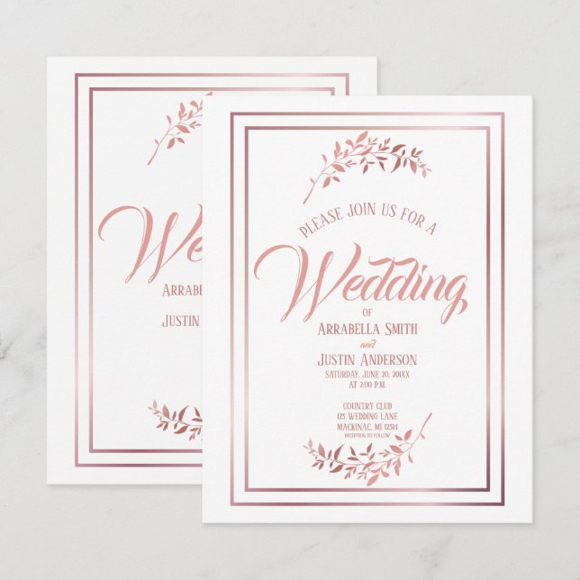 Invitation Blanc Floral Rose Gold Script Mariage élégant (Devant / Derrière)