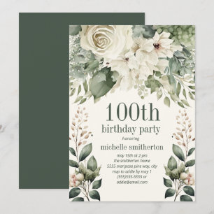Invitation Blanc Floral Sage Vert Feuilles 100e anniversaire