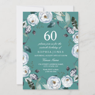 Invitation Blanc Floral Turquoise Vert 60e anniversaire Invit
