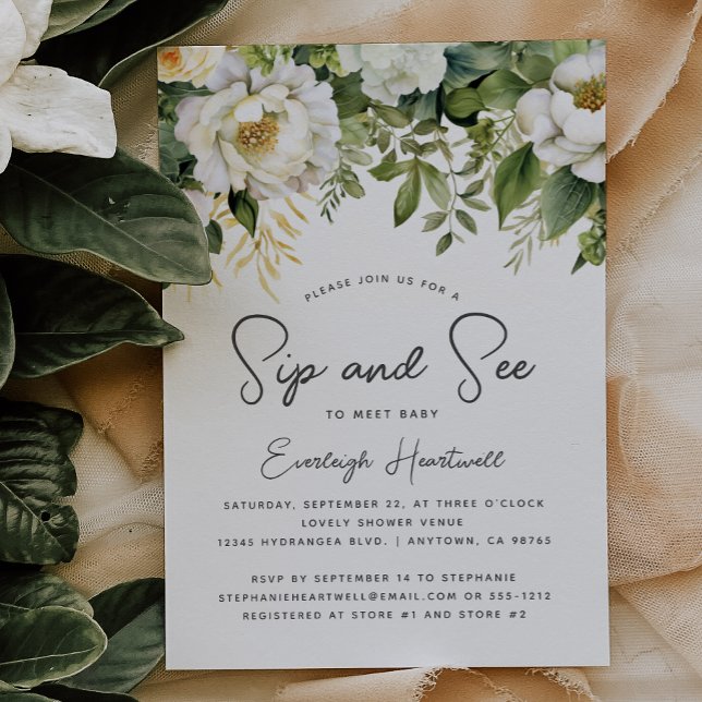 Invitation Blanc Floral verdure Sip et voir le Baby shower (Créateur téléchargé)