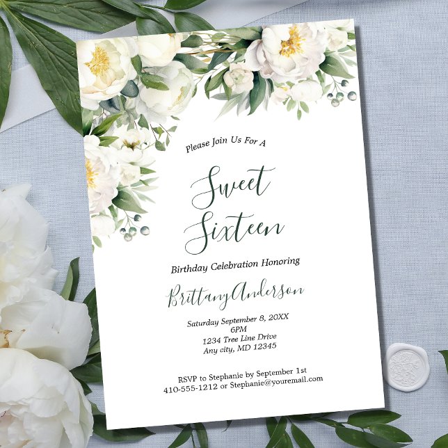 Invitation Blanc Floral verdure Sweet sixteen botanique 16 (White Floral Greenery Formal Sweet Sixteen Birthday Party Invitation)