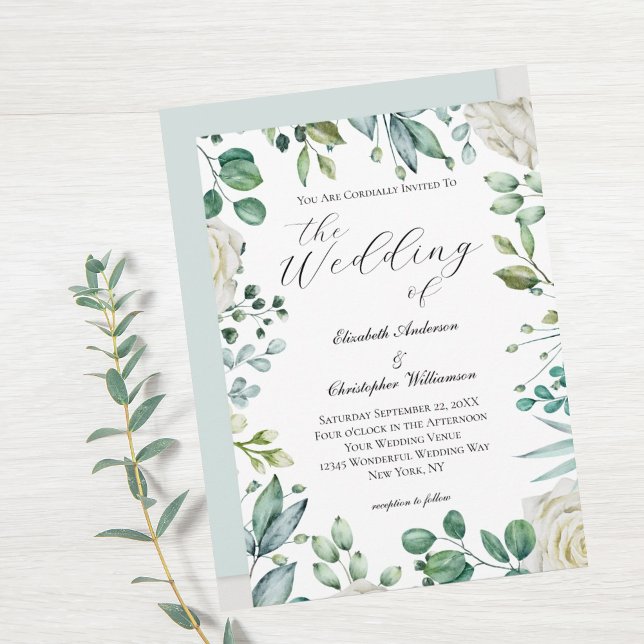Invitation Blanc Floral Vert Eucalyptus Elégant Mariage (Créateur téléchargé)