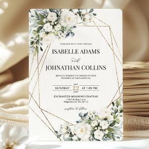 Invitation Blanc Floral Vert Or Mariage de cadre géométrique