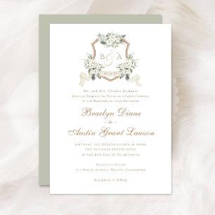 Invitation Blanc Floral Vert Sage Monogram Crest Mariage