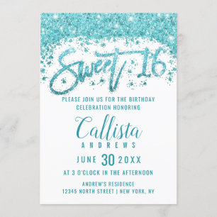 Invitation Blanc glamour Aqua Bleu Parties scintillant Dust S