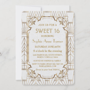 Invitation Blanc Gold Great Gatsby Art Déco Sweet 16 Invitati