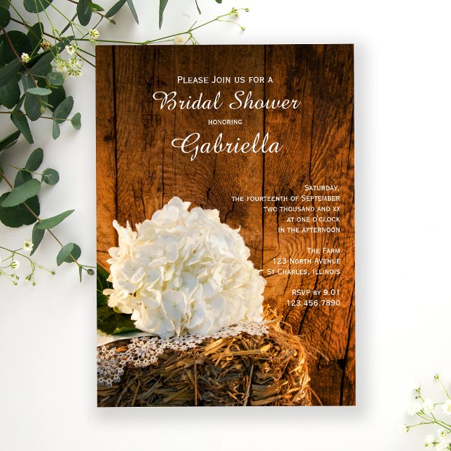 Invitation Blanc Hydrangea Grange Bois Fête des mariées de ca (Créateur téléchargé)