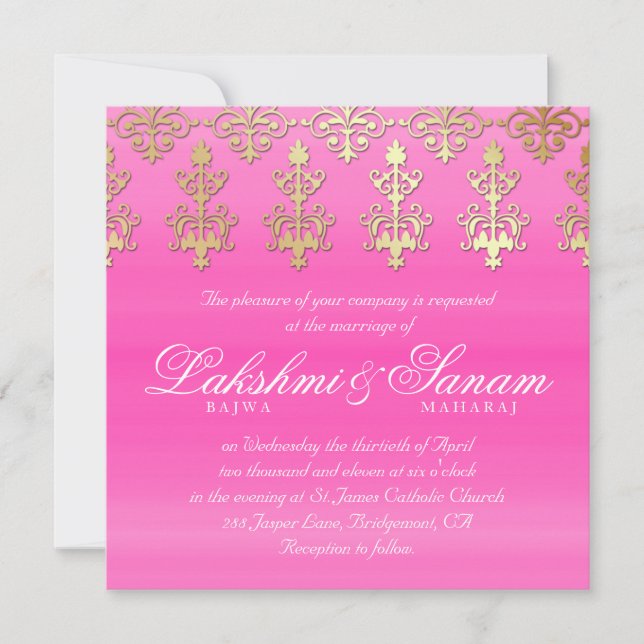 Invitation Blanc indien de rose d'or de damassé d'invitation (Devant)