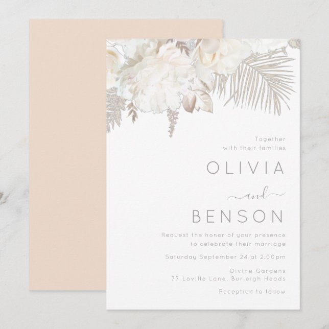 Invitation Blanc ivoire et fleurs bohème Mariage moderne (Devant / Derrière)