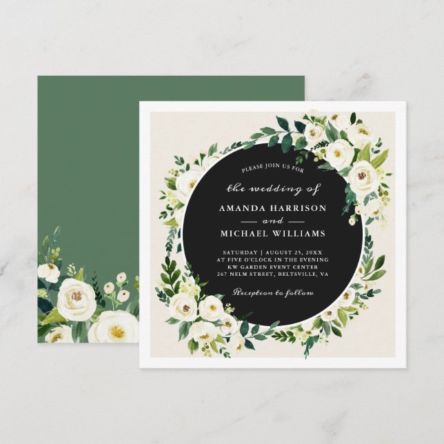 Invitation Blanc ivoire vert Mariage Carré Floral (Devant / Derrière)