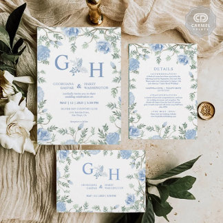 Invitation Blanc Léger Paste Bleu Fleurs Florales Mariage