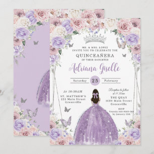 Invitation Blanc Lilac blanc Floral Argent Quinceañera XV 16