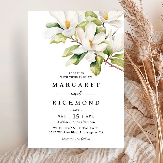 Invitation Blanc Magnolia Elegant Aquarelle Mariage Floral (Créateur téléchargé)