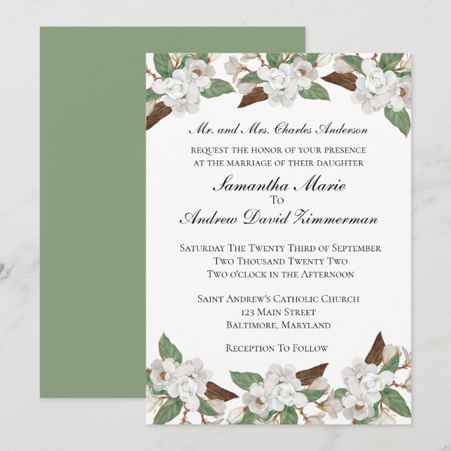 Invitation Blanc Magnolias Classic Formal Mariage élégant Inv (Devant / Derrière)