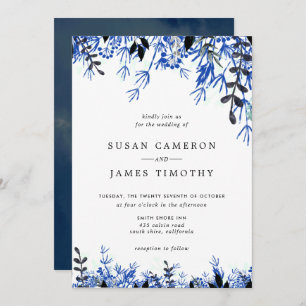 Invitation Blanc Marine Bleu Aquarelle Mariage d'hiver
