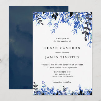 Invitation Blanc Marine Bleu Aquarelle Mariage d'hiver