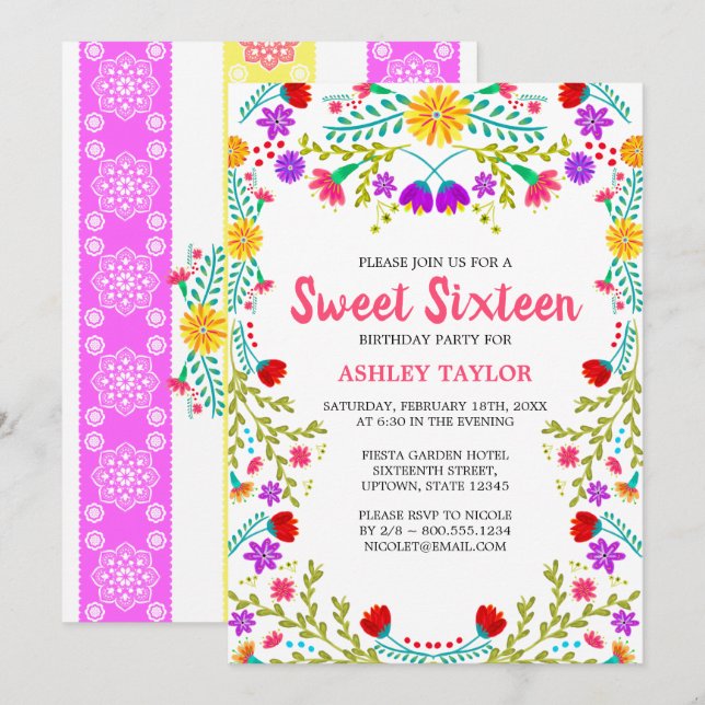 Invitation Blanc mexicain Fiesta Folk Art Floral Sweet sixtee (Devant / Derrière)