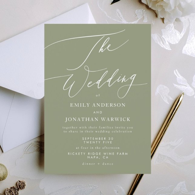 Invitation Blanc moderne et vert Sage Mariage simple (Créateur téléchargé)